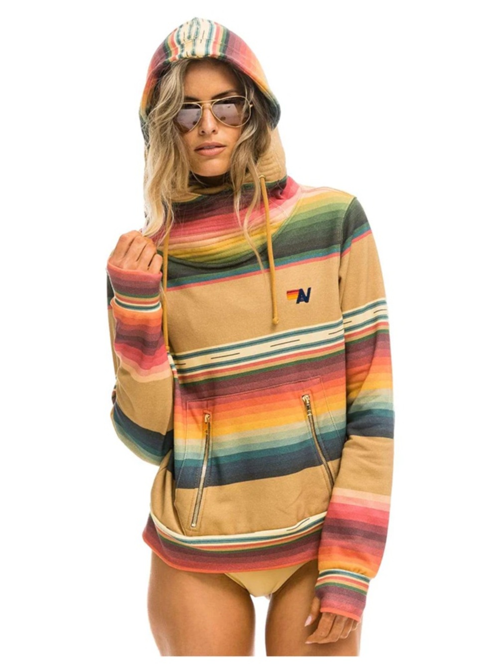 Aviator Nation Multicolor Striped Hoodie in Tan, Blue, Pink, Green, Yellow - Picture 2 of 7